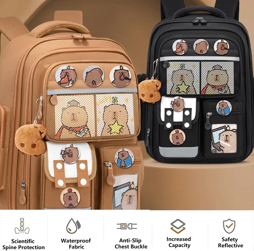 Cute Capybara Backpack with Chic Case, Cartoon Large Capacity Backpack, Durable Casual Bag, Suitable for Junior High Students (Brown, Small)