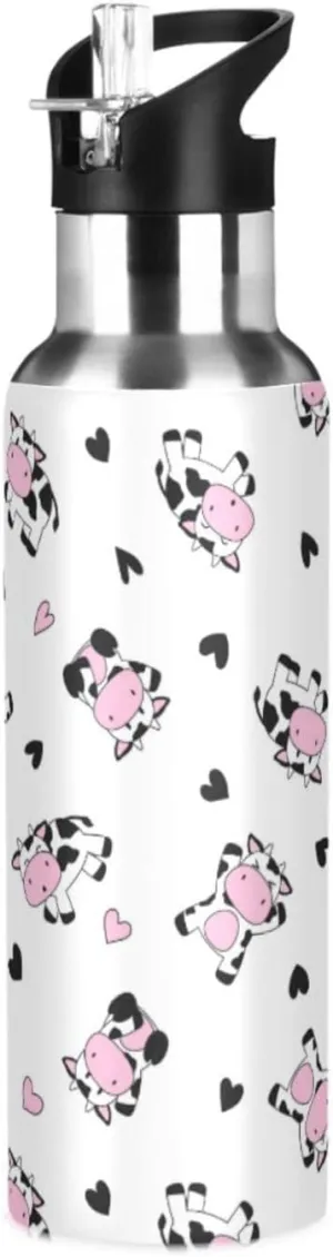 Cute Cow Water Bottle with Straw Lid Double Wall Hearts Thermos Bottle Vacuum Insulated Flask Stainless Steel Water Bottle for Gym Outdoor 20 OZ