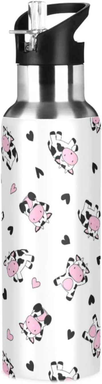 Cute Cow Water Bottle with Straw Lid Double Wall Hearts Thermos Bottle Vacuum Insulated Flask Stainless Steel Water Bottle for Gym Outdoor 20 OZ