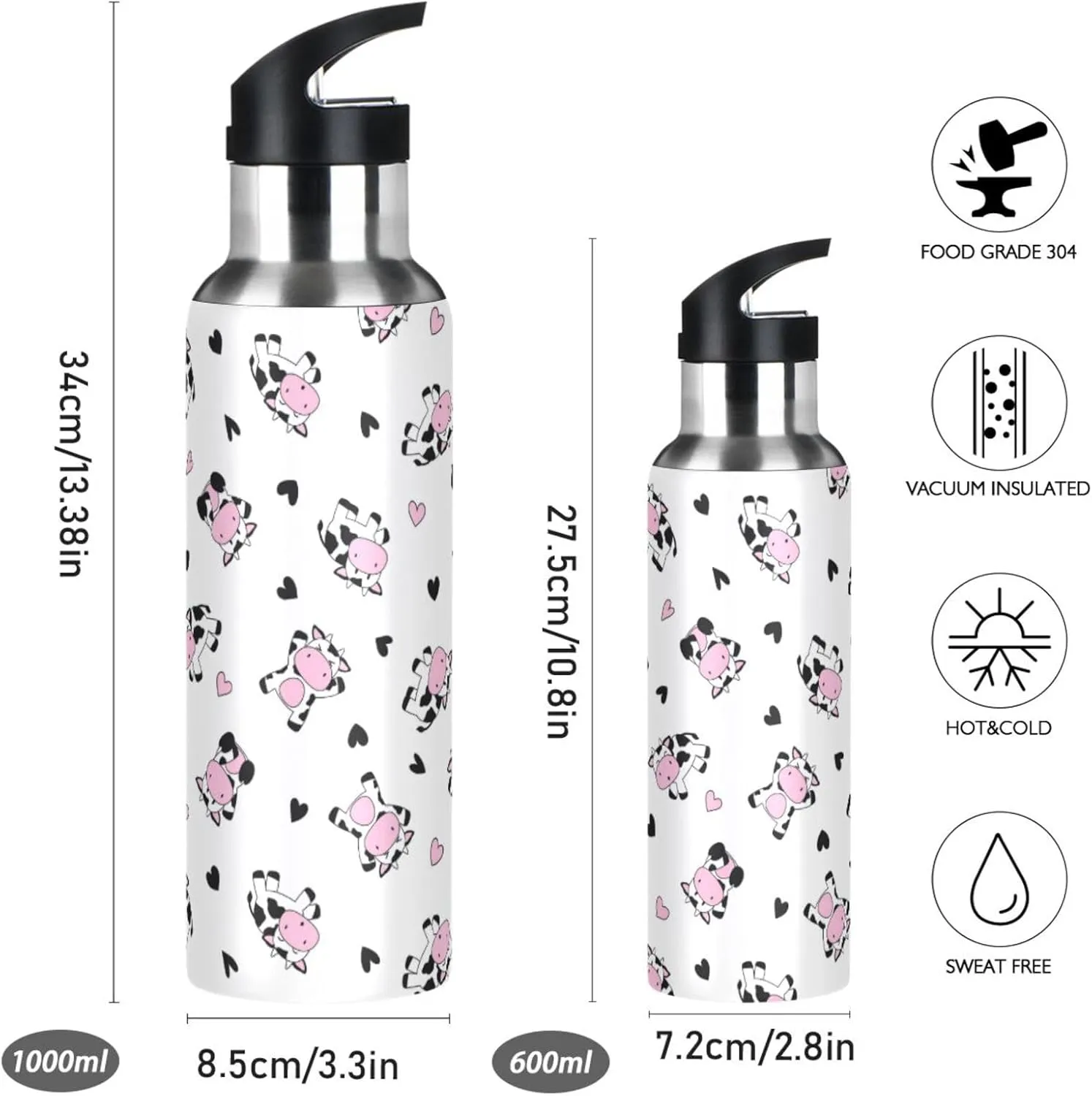 Cute Cow Water Bottle with Straw Lid Double Wall Hearts Thermos Bottle Vacuum Insulated Flask Stainless Steel Water Bottle for Gym Outdoor 20 OZ