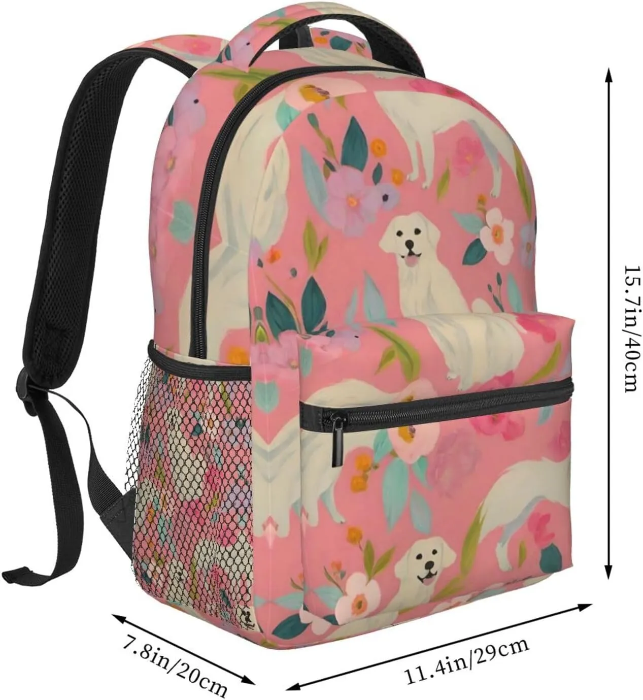 Cute Golden Retriever Dog Pink Floral Art Rucksacks Lightweight Multipurpose Anti-Theft Shoulder Bag Big Capacity Traveling & Camping Backpack With Side Pockets