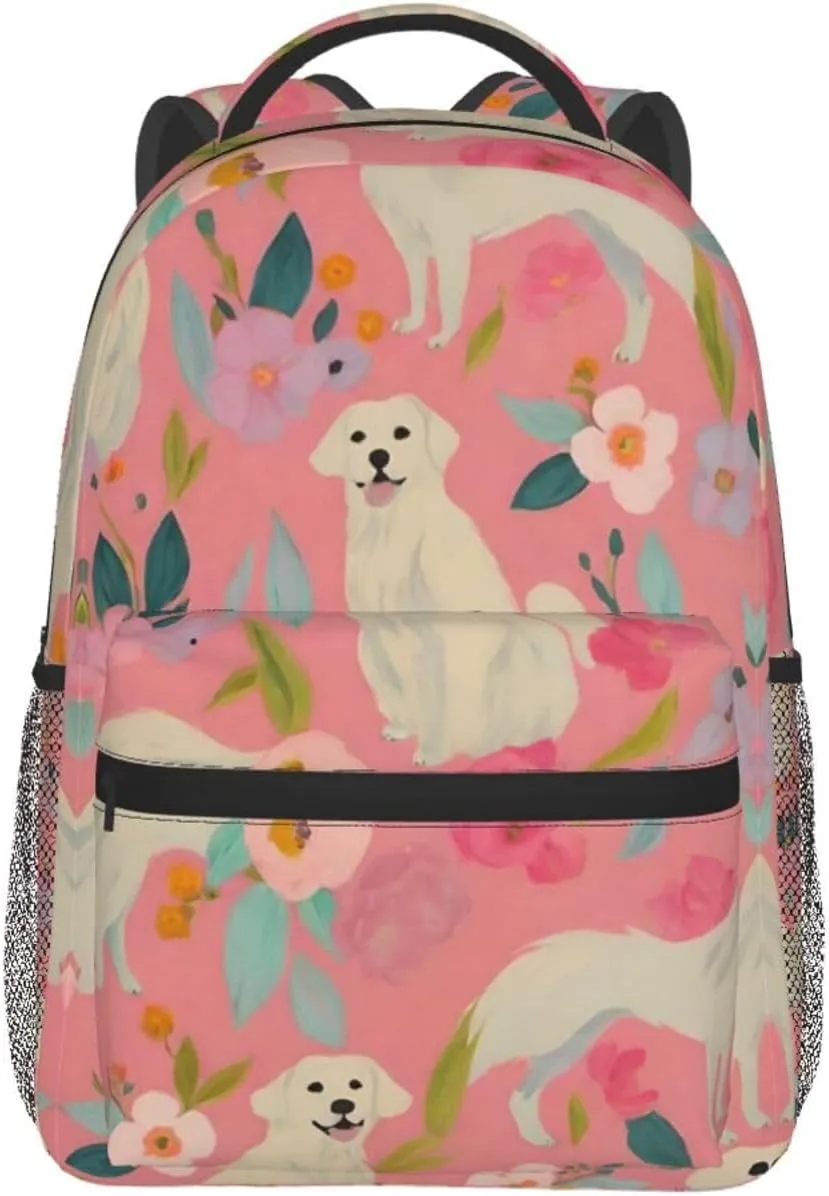 Cute Golden Retriever Dog Pink Floral Art Rucksacks Lightweight Multipurpose Anti-Theft Shoulder Bag Big Capacity Traveling & Camping Backpack With Side Pockets