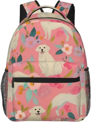 Cute Golden Retriever Dog Pink Floral Art Rucksacks Lightweight Multipurpose Anti-Theft Shoulder Bag Big Capacity Traveling & Camping Backpack With Side Pockets