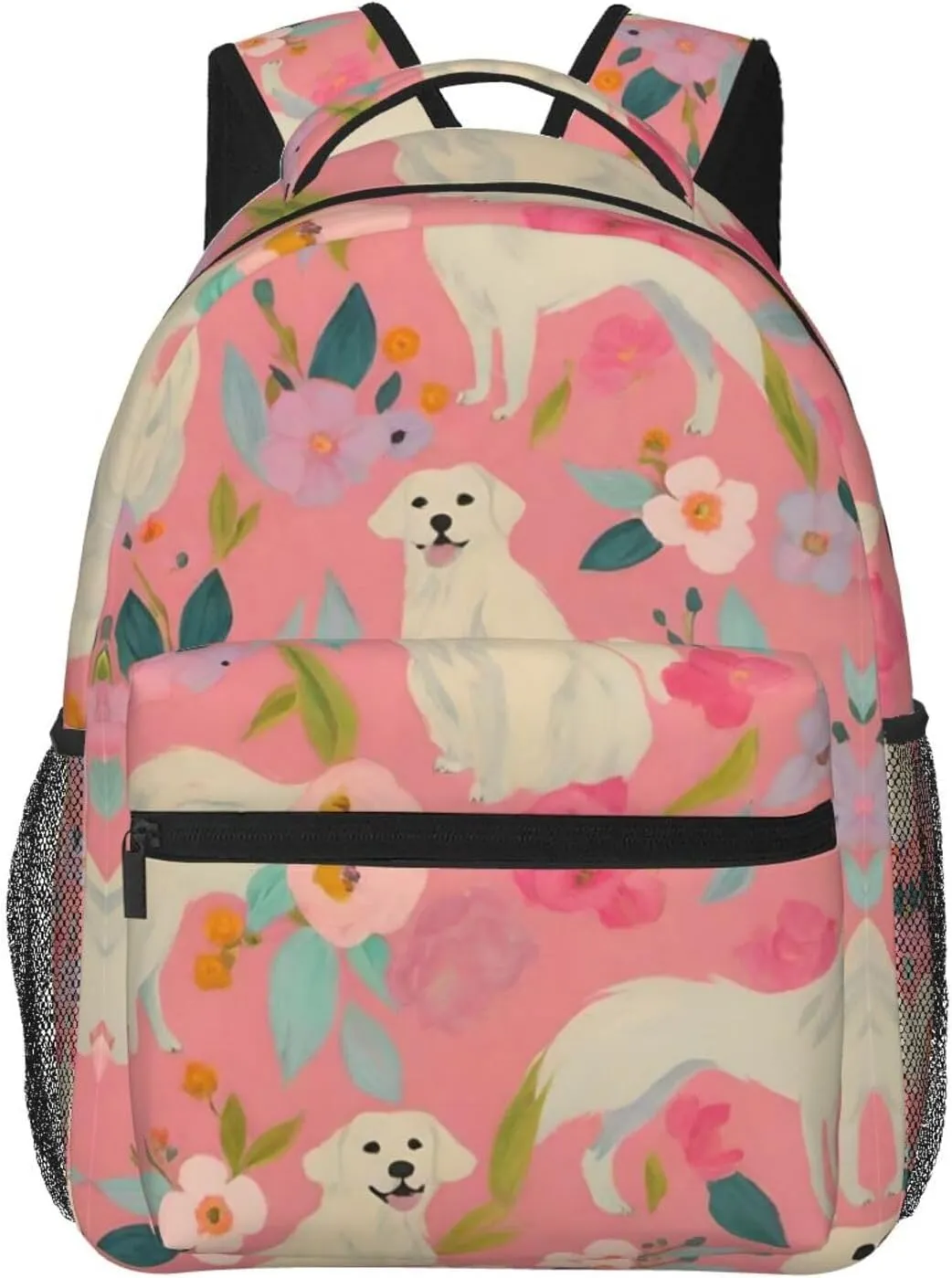 Cute Golden Retriever Dog Pink Floral Art Rucksacks Lightweight Multipurpose Anti-Theft Shoulder Bag Big Capacity Traveling & Camping Backpack With Side Pockets