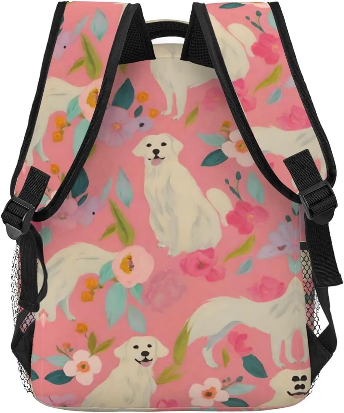 Cute Golden Retriever Dog Pink Floral Art Rucksacks Lightweight Multipurpose Anti-Theft Shoulder Bag Big Capacity Traveling & Camping Backpack With Side Pockets