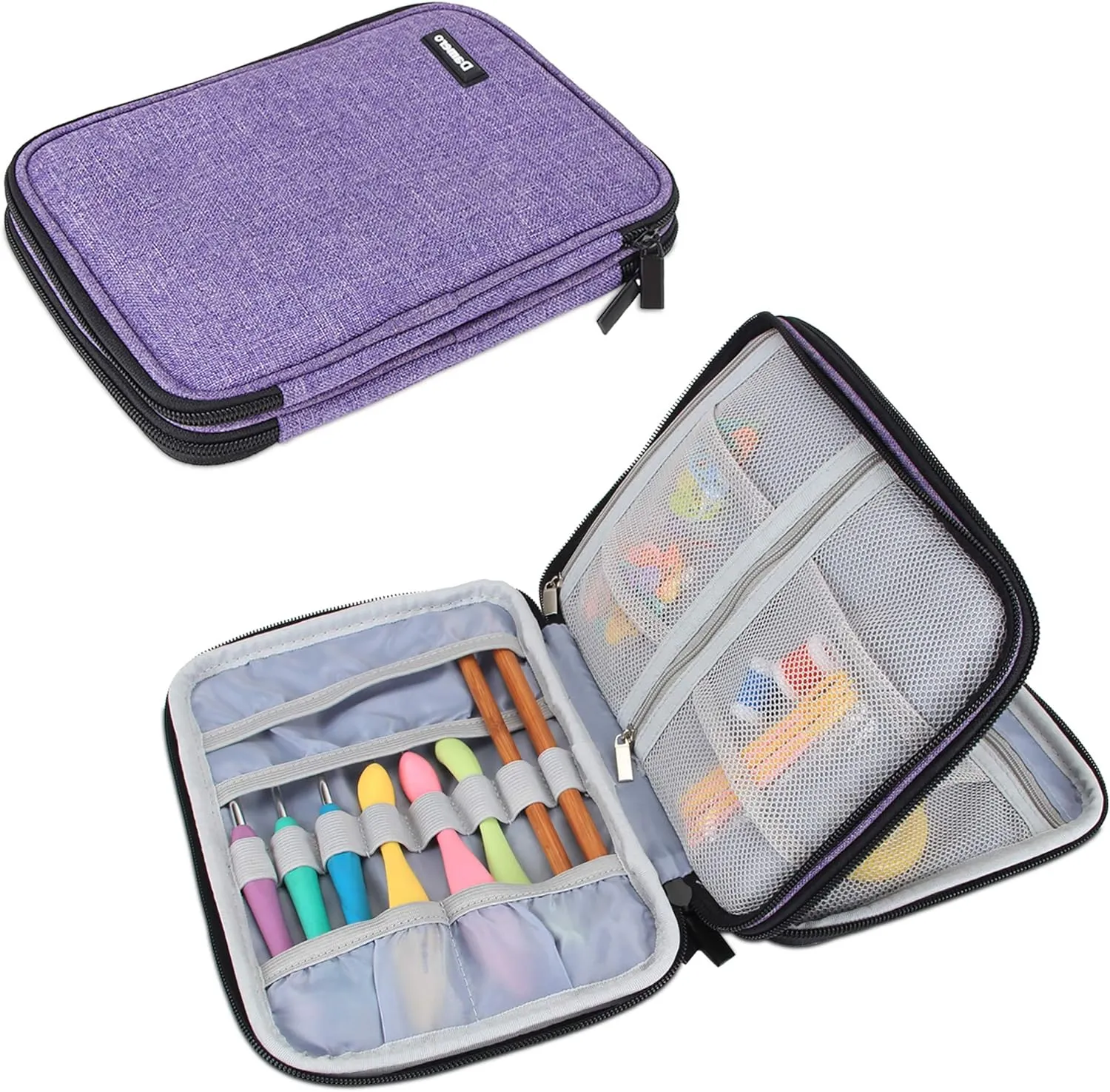 Damero Crochet Hook Case, Travel Storage Bag for Swing Crochet Hooks, Lighted Hooks, Needles(Up to 8'') and Accessories, Large, Purple (No Accessories Included)