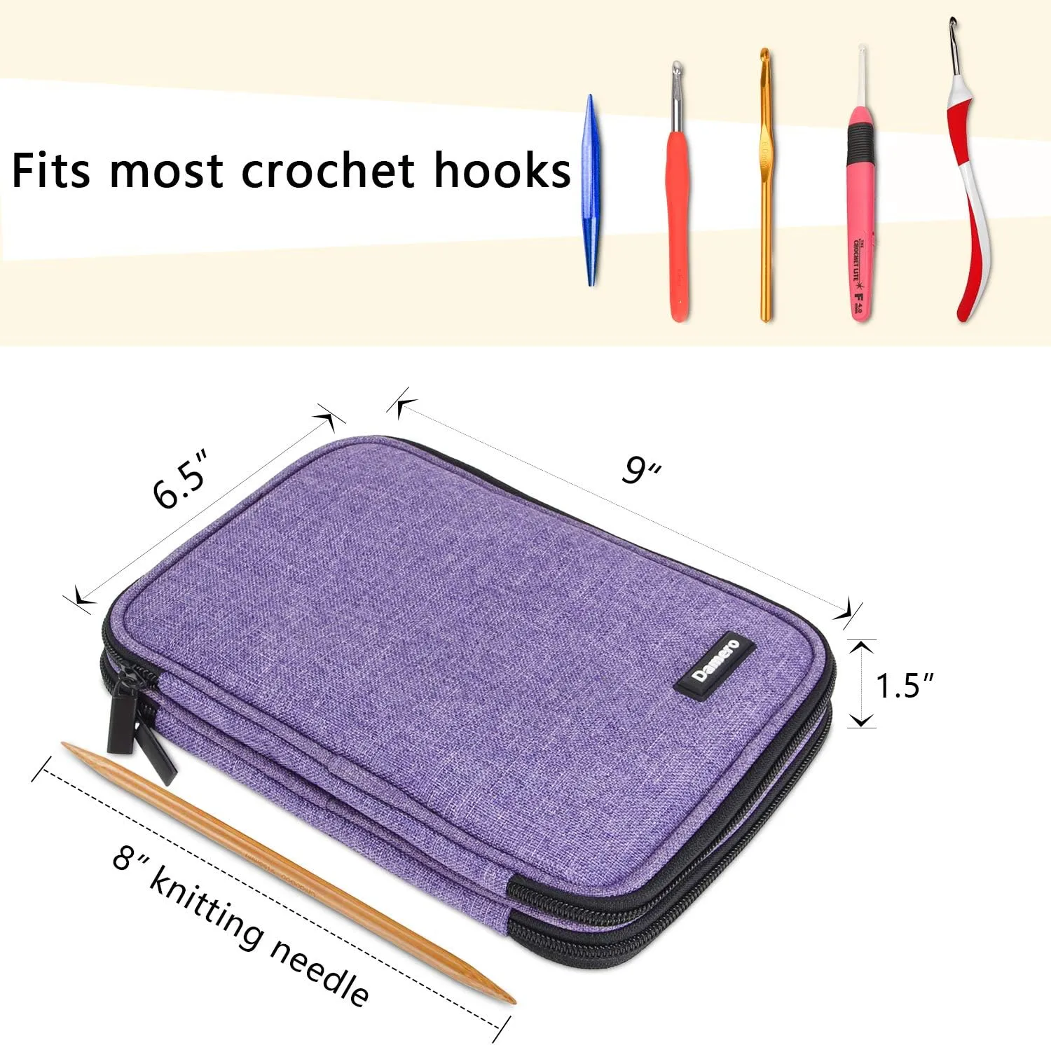 Damero Crochet Hook Case, Travel Storage Bag for Swing Crochet Hooks, Lighted Hooks, Needles(Up to 8'') and Accessories, Large, Purple (No Accessories Included)