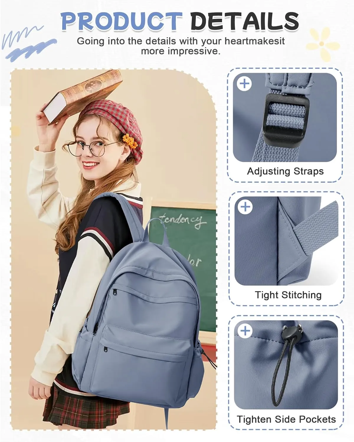 Dark Blue Backpack for School Women Girls, Waterproof Bookbag Cute High School Backpackss for Men Teen Boys, Lightweight Travel College Backpack Mochilas Escolares para Casual Daypack Rucksack