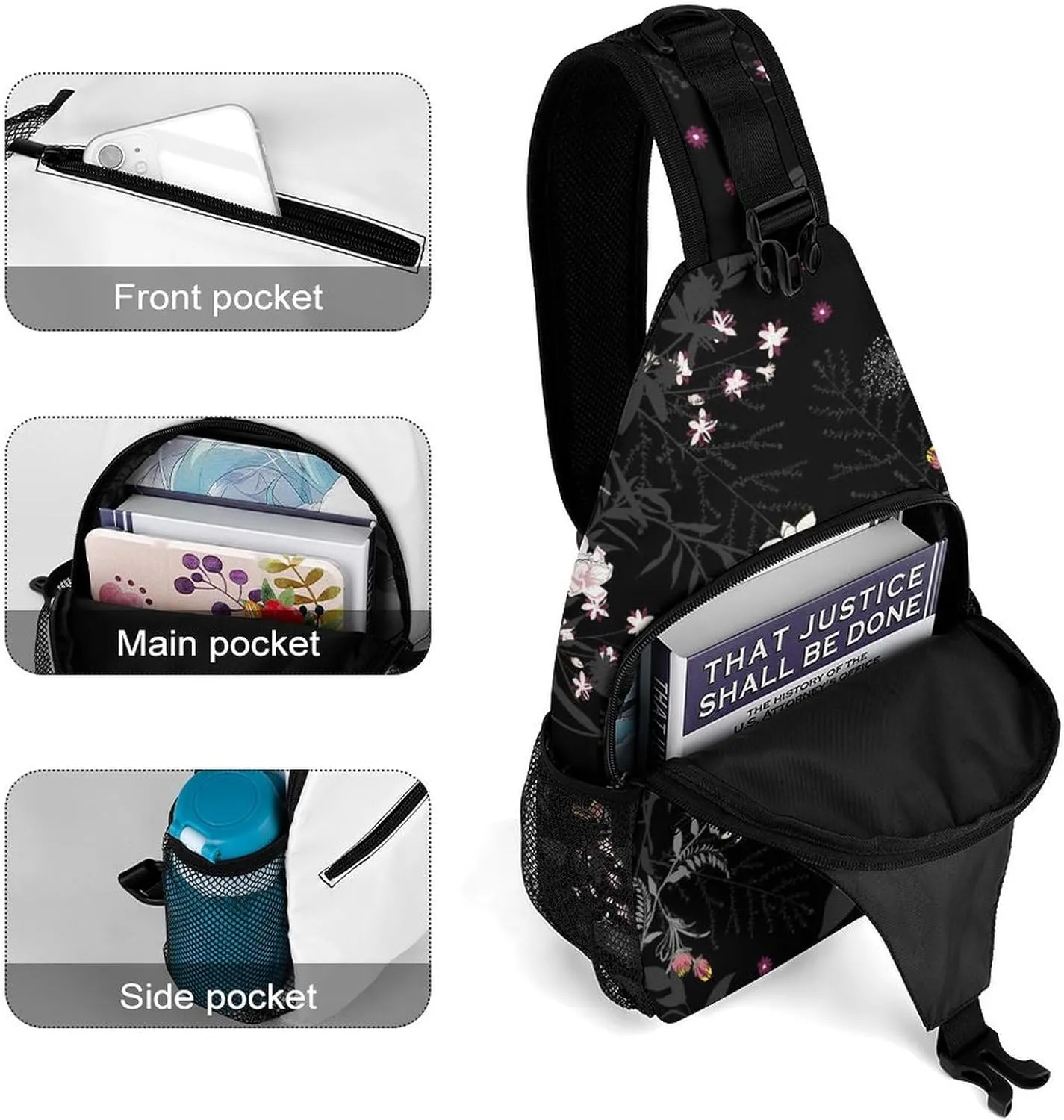 Dark-pattern-with-leaves-flowers Sling Backpack, Crossbody Shoulder Bag, Chest Bags for Outdoor Travel Fitness, 38x20cm, Style