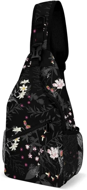 Dark-pattern-with-leaves-flowers Sling Backpack, Crossbody Shoulder Bag, Chest Bags for Outdoor Travel Fitness, 38x20cm, Style