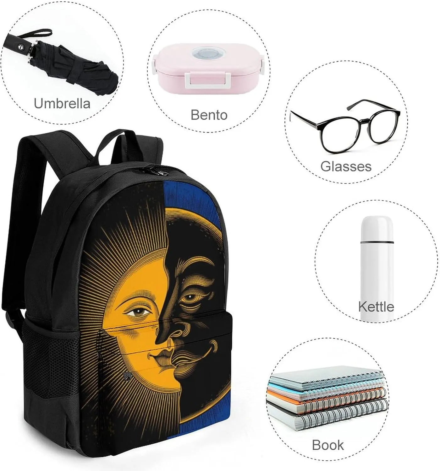 Daypack Bookbag Multipurpose Anti-Theft Big Capacity Carry On Bag - Psychedelic Moon And Sun Art Travel Hiking & Camping Rucksack With Padded Straps