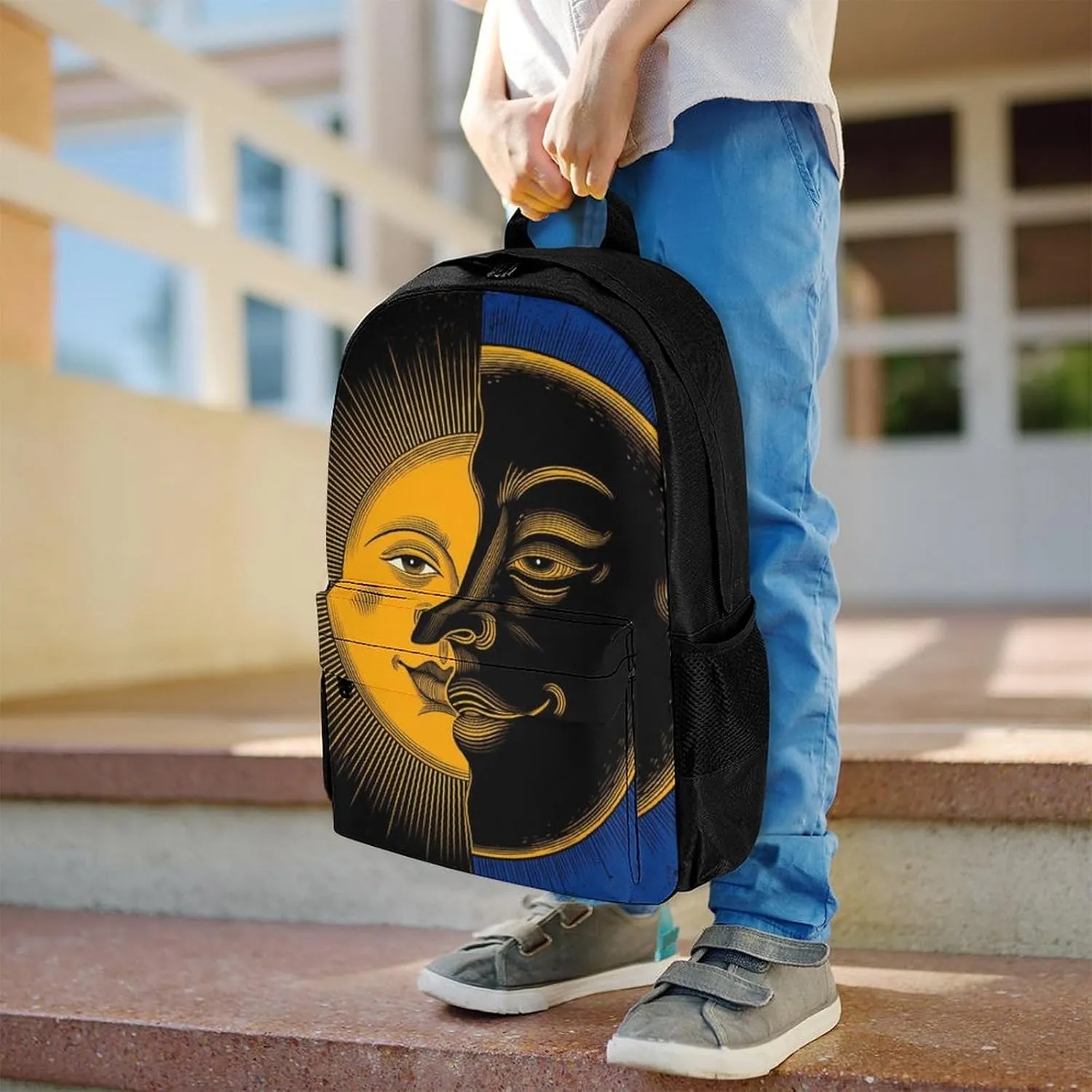 Daypack Bookbag Multipurpose Anti-Theft Big Capacity Carry On Bag - Psychedelic Moon And Sun Art Travel Hiking & Camping Rucksack With Padded Straps
