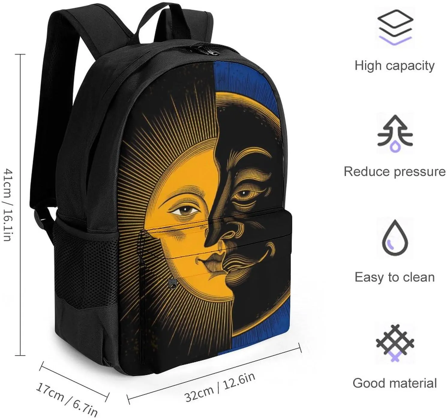 Daypack Bookbag Multipurpose Anti-Theft Big Capacity Carry On Bag - Psychedelic Moon And Sun Art Travel Hiking & Camping Rucksack With Padded Straps