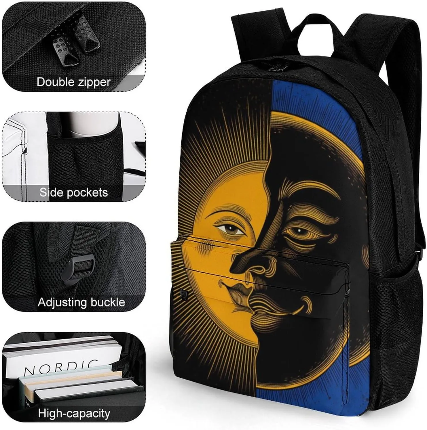 Daypack Bookbag Multipurpose Anti-Theft Big Capacity Carry On Bag - Psychedelic Moon And Sun Art Travel Hiking & Camping Rucksack With Padded Straps