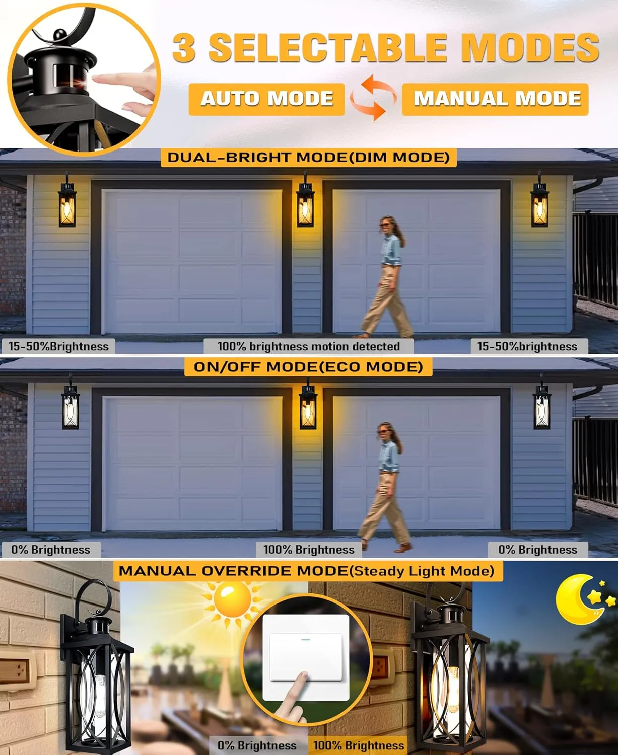 DBF 2 Pack Dusk to Dawn Motion Sensor Outdoor Lights 17.5 Inch, 3 Lighting Mode Exterior Light Fixtures Porch Lights Outdoor Wall Sconces Waterproof Anti-Rust, Black Wall Lanterns for House Front Door