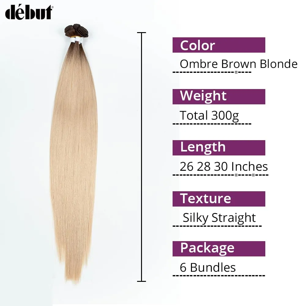 DÉBUT 26 28 30 Inches Long Straight Hair 6 Bundles High Temperature Fiber 300g for Full Head Synthetic Hair Weave Ombre Brown Roots to Blonde