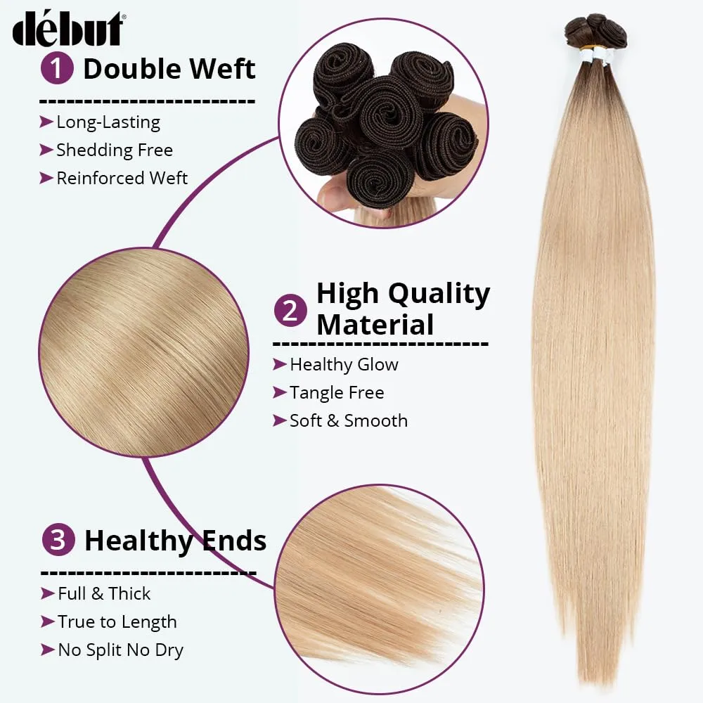 DÉBUT 26 28 30 Inches Long Straight Hair 6 Bundles High Temperature Fiber 300g for Full Head Synthetic Hair Weave Ombre Brown Roots to Blonde