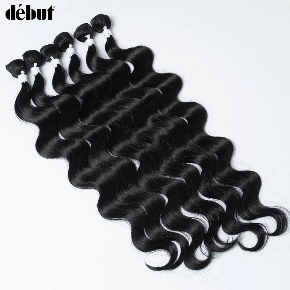 DÉBUT Body Wave 6 Bundles Synthetic Hair Long Wavy Hair 22 24 26 Inches 6Pcs High Temperature Fiber 300g for Full Head Synthetic Hair Weave 1B Color