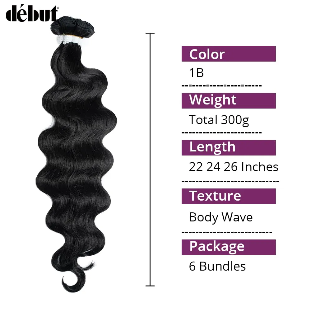 DÉBUT Body Wave 6 Bundles Synthetic Hair Long Wavy Hair 22 24 26 Inches 6Pcs High Temperature Fiber 300g for Full Head Synthetic Hair Weave 1B Color