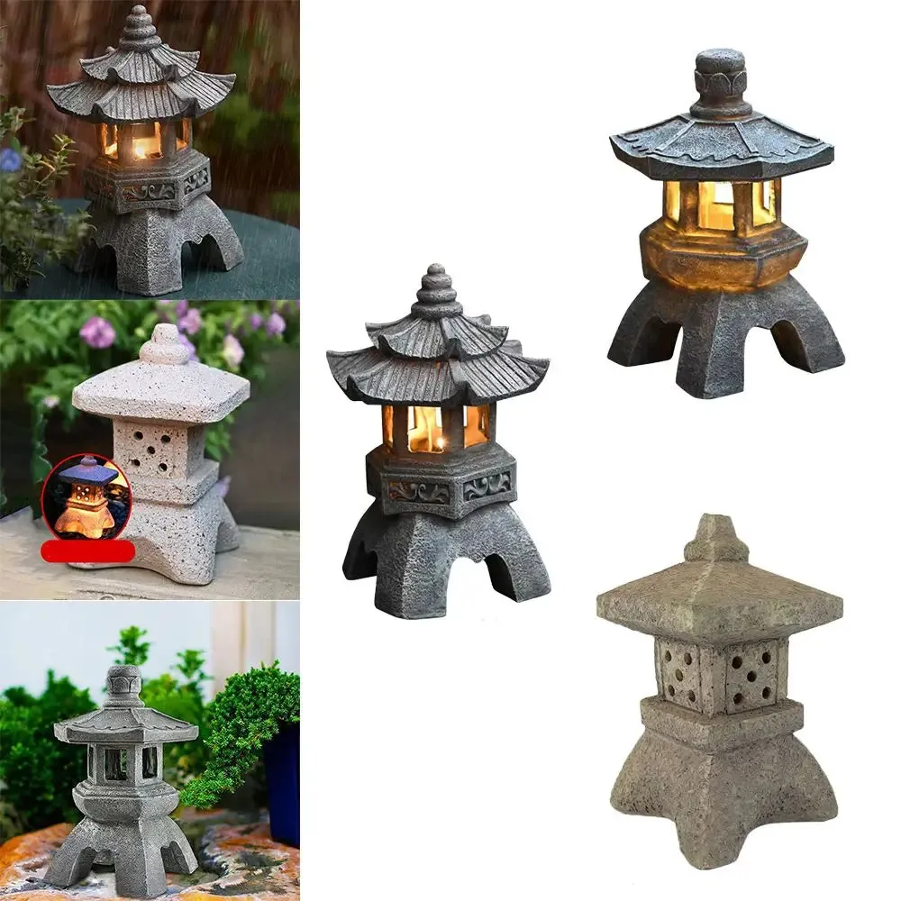 Decoration Zen Ornaments Solar Powered Tower Garden Statue Palace Lanterns Chinese Solar Lamp Stone Courtyard Pagoda Lantern