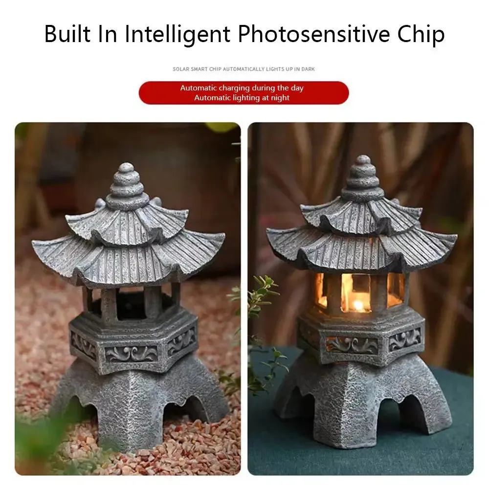 Decoration Zen Ornaments Solar Powered Tower Garden Statue Palace Lanterns Chinese Solar Lamp Stone Courtyard Pagoda Lantern