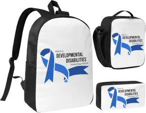 Developmental Disabilities Awareness Month Backpack Set Lightweight Laptop Backpack Lunch Bag with Pencil Case for Women Men Travel Work