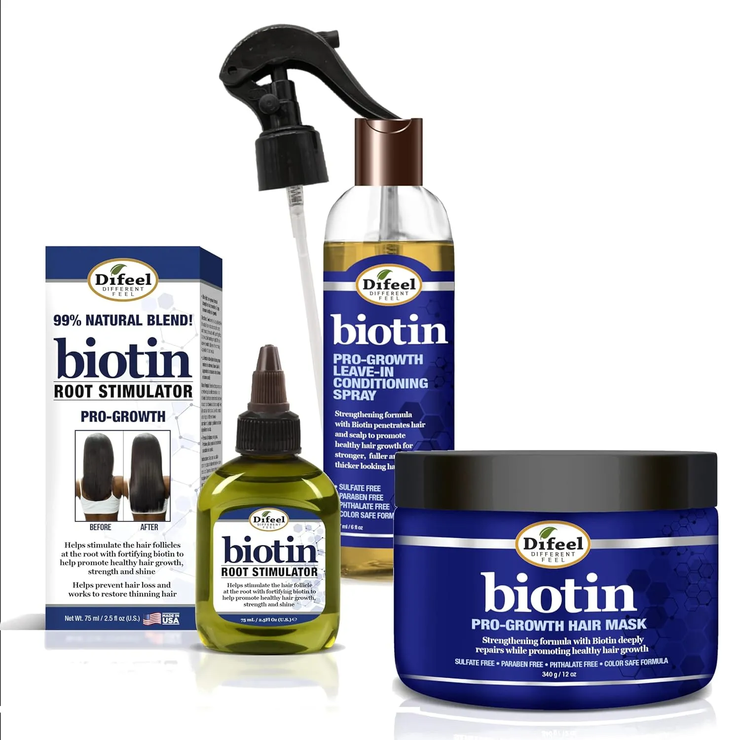 Difeel Biotin 3-PC Hair Growth Treatment Powerpack - Includes 12oz Hair Mask, 6oz Leave in Conditioning Spray & 2.5oz Root Stimulator