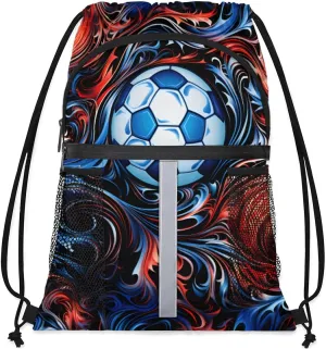 Drawstring Backpack String Bag with Side Pocket Sports Gym Soccer Cinch Sackpack for Women Men Small Beach Workout Storage for Swimming Gear Abstract Football Fire Print Backpack