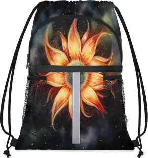 Drawstring Backpack String Bag with Side Pocket Sports Gym Soccer Cinch Sackpack for Women Men Small Beach Workout Storage for Swimming Gear Charming Daisy Stars Fire Backpack