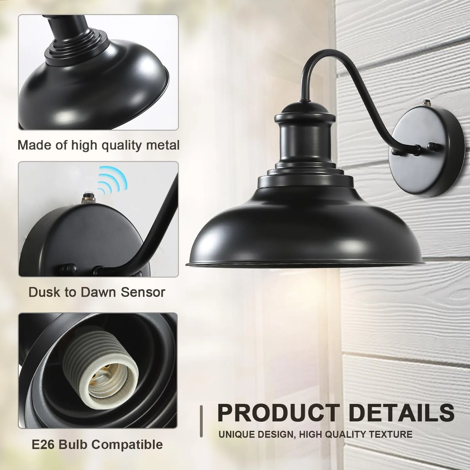 Dusk to Dawn Outdoor Wall Lights, Black Sensor Porch Lights,Exterior Lighting Fixtures Wall Mount Lantern for Patio, Garage, Shed, Deck, Fence, Barn and Yard