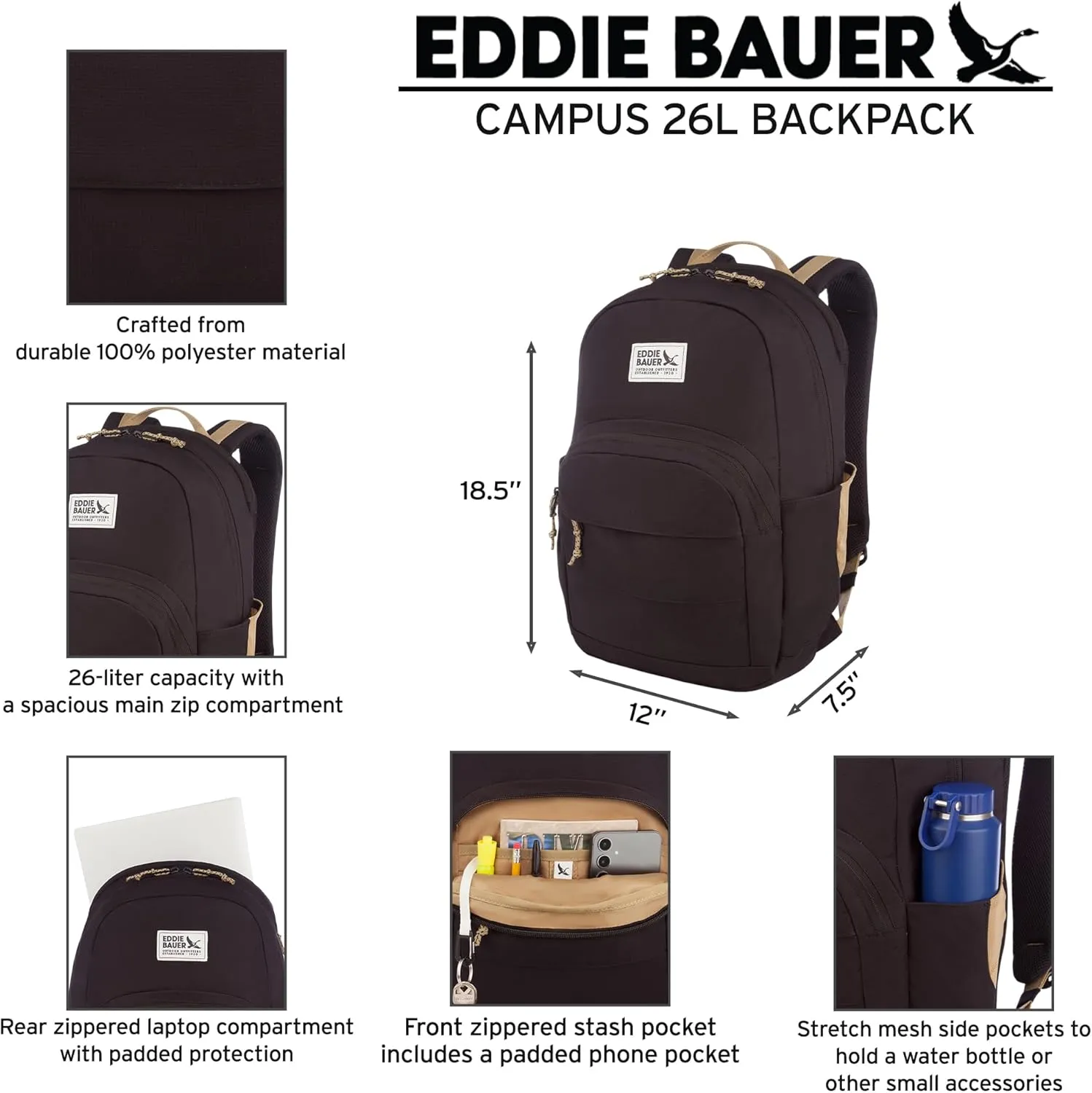 Eddie Bauer Backpack | EDC | Work | Travel | Commuter | Padded Laptop Sleeve | Bottle Pockets | Lightweight | Durable, Campus-Adler Green, 26L
