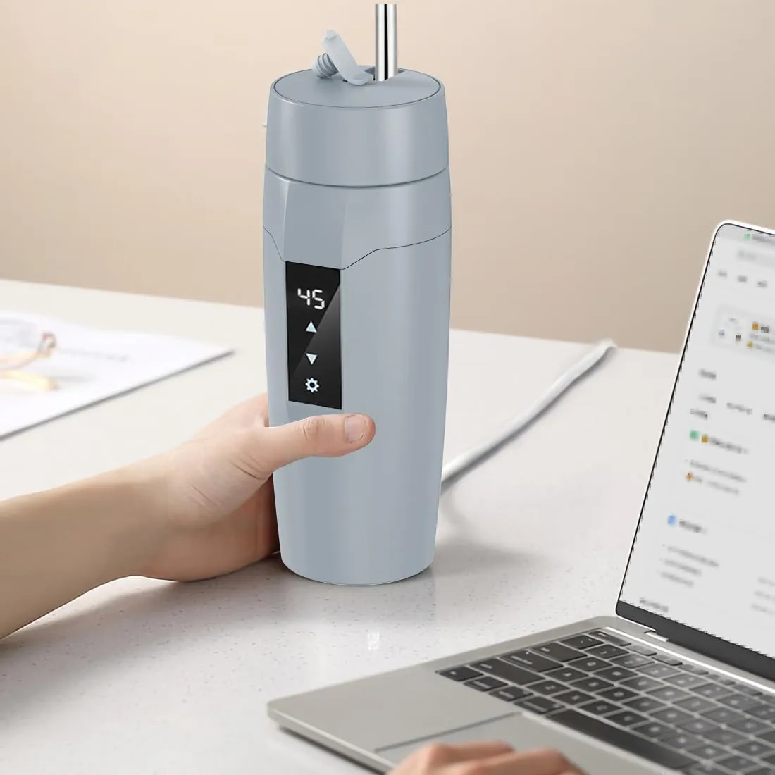 Electric Heating Kettle with Temperature Control, 40~100 ℃ Adjustable, Mini Portable Travel Electric Water Mug, Anti-leakage, 300W Fast Heating Insulation Cup, Anti-dry Fever, Auto- shutdown, Gray