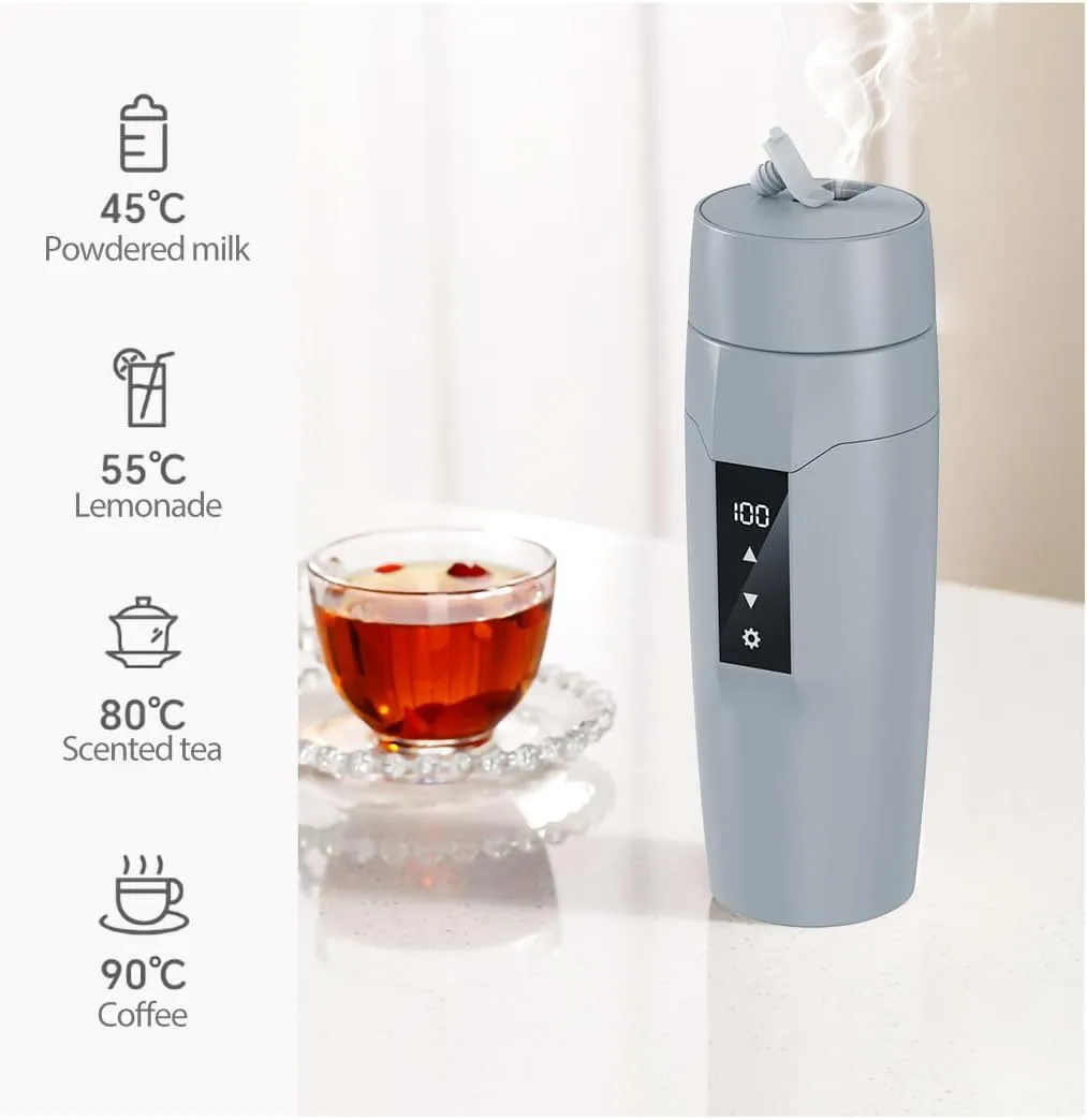 Electric Heating Kettle with Temperature Control, 40~100 ℃ Adjustable, Mini Portable Travel Electric Water Mug, Anti-leakage, 300W Fast Heating Insulation Cup, Anti-dry Fever, Auto- shutdown, Gray
