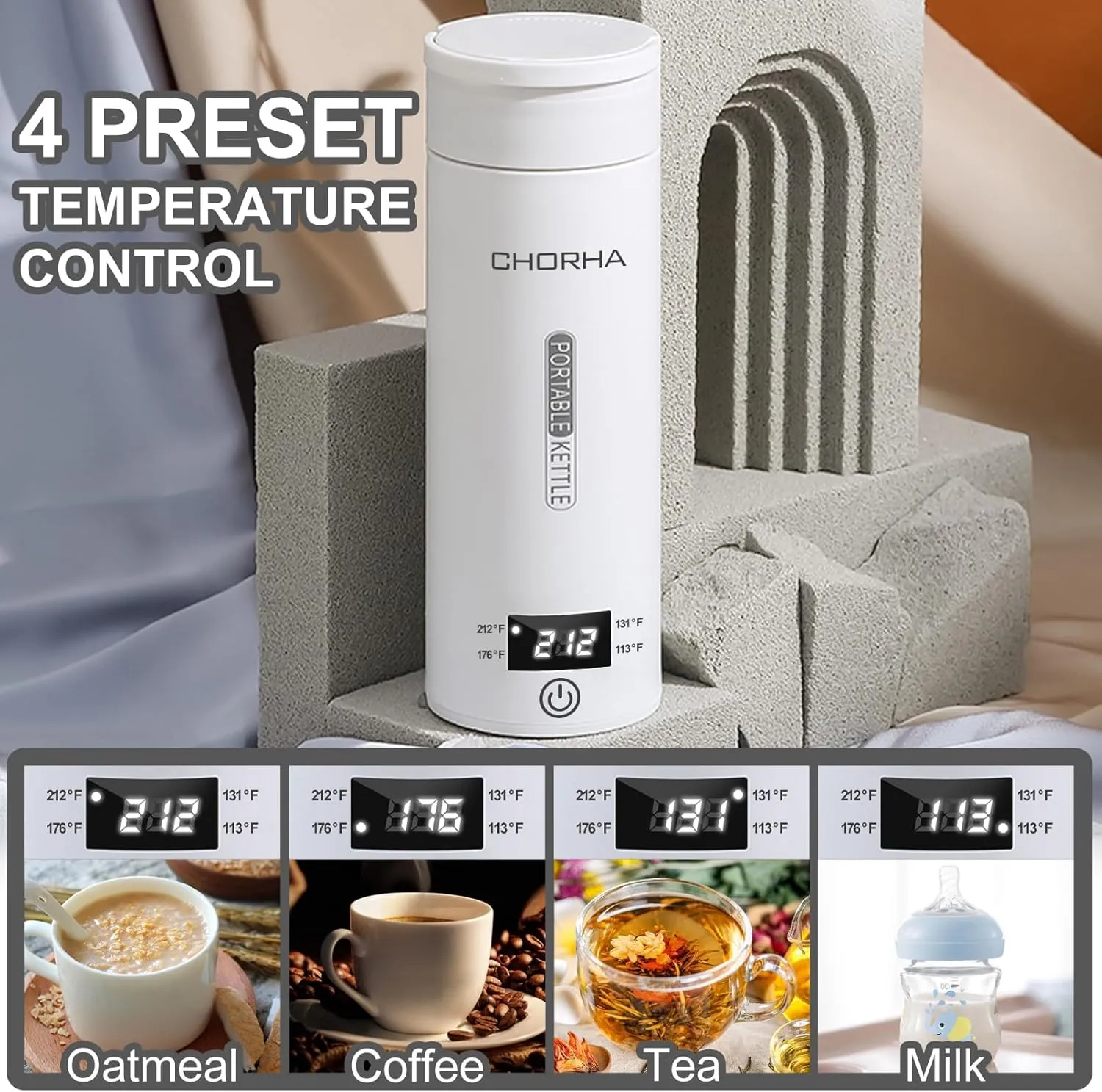 Electric Kettle Portable Travel Kettle Tea Coffee Portable Kettle, 400ML with 4 Variable Presets, Small Electric Kettle 304 Stainless Steel with Auto Shut-Off & Boil Dry Protection (White)