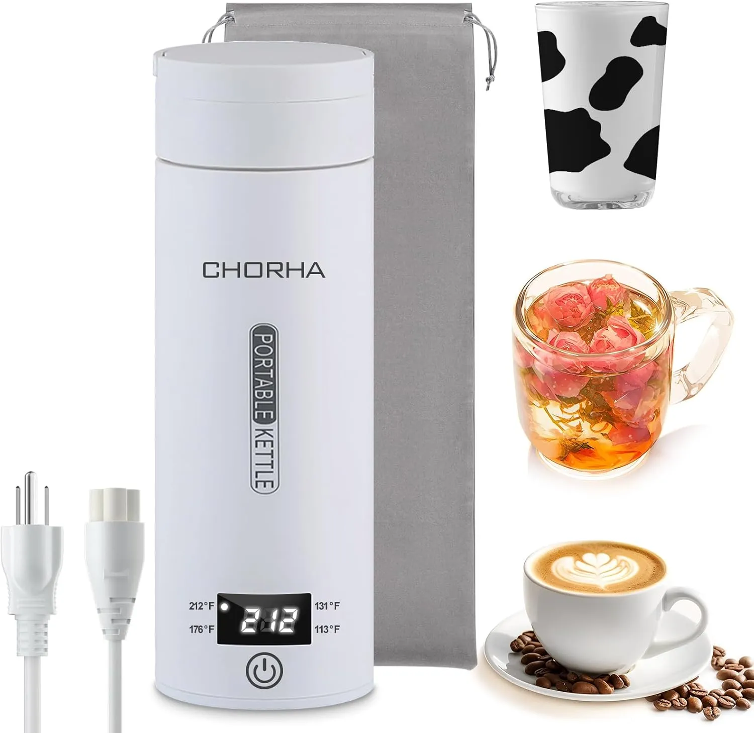 Electric Kettle Portable Travel Kettle Tea Coffee Portable Kettle, 400ML with 4 Variable Presets, Small Electric Kettle 304 Stainless Steel with Auto Shut-Off & Boil Dry Protection (White)