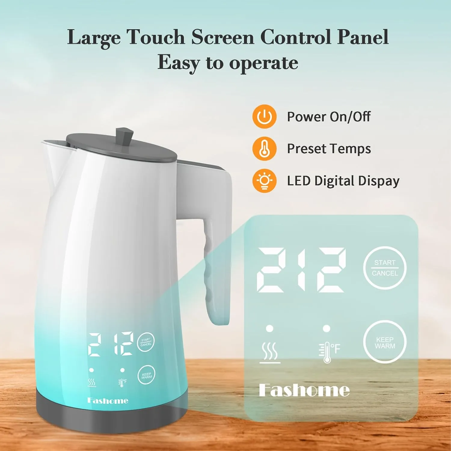 Electric Kettle Temperature Control, 304 Stainless Steel Interior, BPA-Free, Double Wall 1.25L Hot Water Boiler, 1200W Tea Kettle with Auto Shut-Off & Boil Dry Protection, Cordless Base（KCK02F）