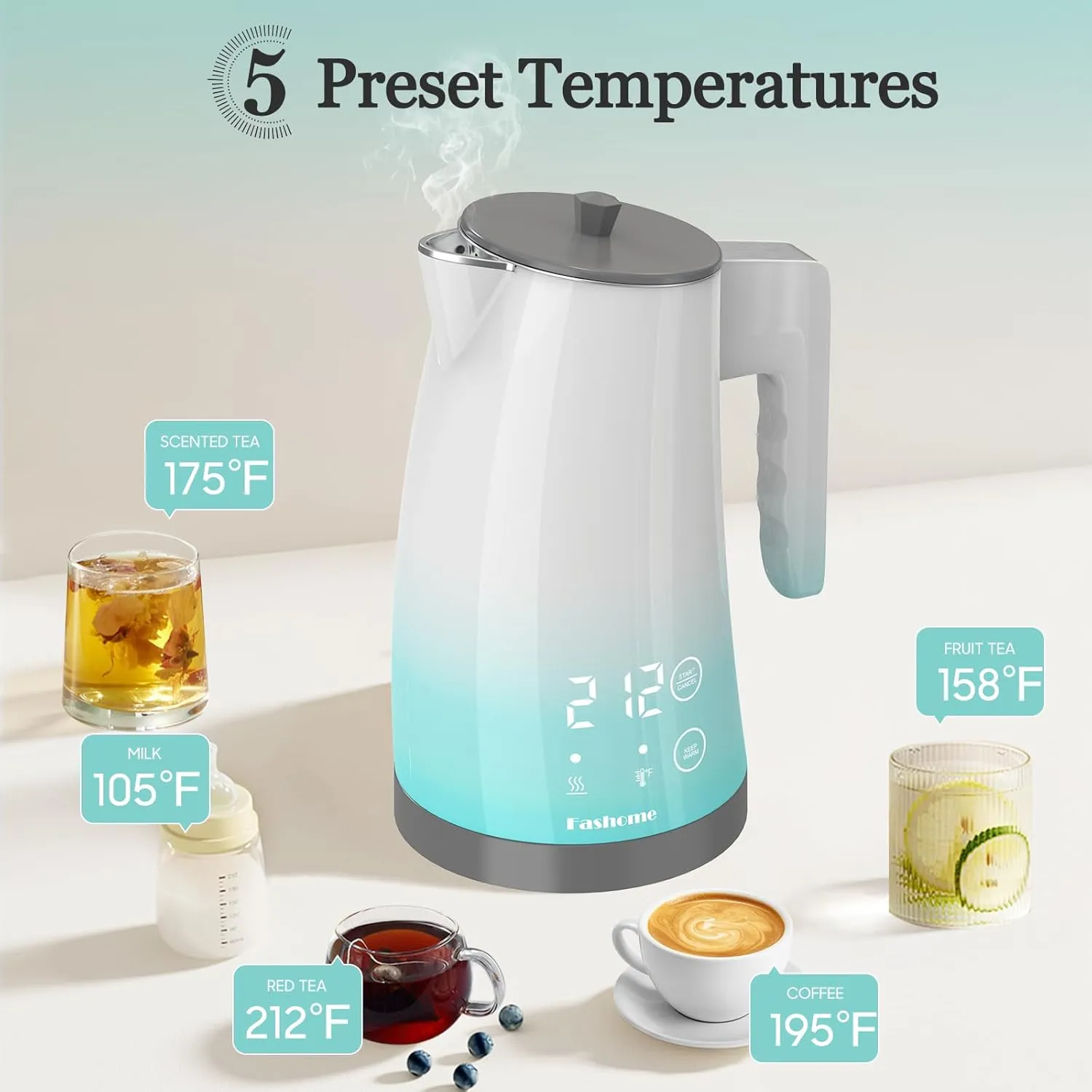Electric Kettle Temperature Control, 304 Stainless Steel Interior, BPA-Free, Double Wall 1.25L Hot Water Boiler, 1200W Tea Kettle with Auto Shut-Off & Boil Dry Protection, Cordless Base（KCK02F）
