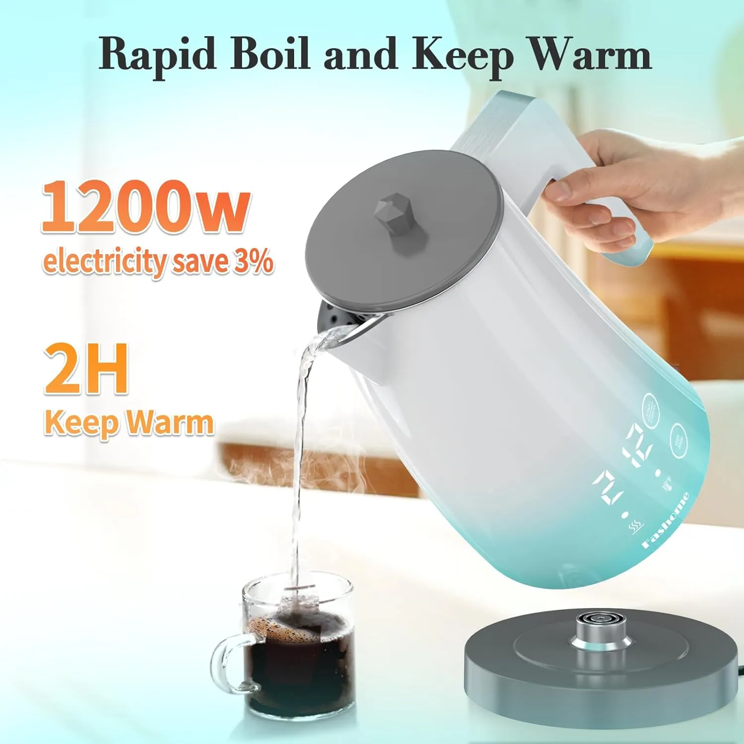 Electric Kettle Temperature Control, 304 Stainless Steel Interior, BPA-Free, Double Wall 1.25L Hot Water Boiler, 1200W Tea Kettle with Auto Shut-Off & Boil Dry Protection, Cordless Base（KCK02F）