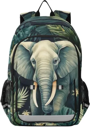 Elephant Jungle Leaf Backpack Kids School Bag Lightweight Laptop Backpack Elementary Capacity Student Bookbags for Travel Daypack with Reflective Stripes