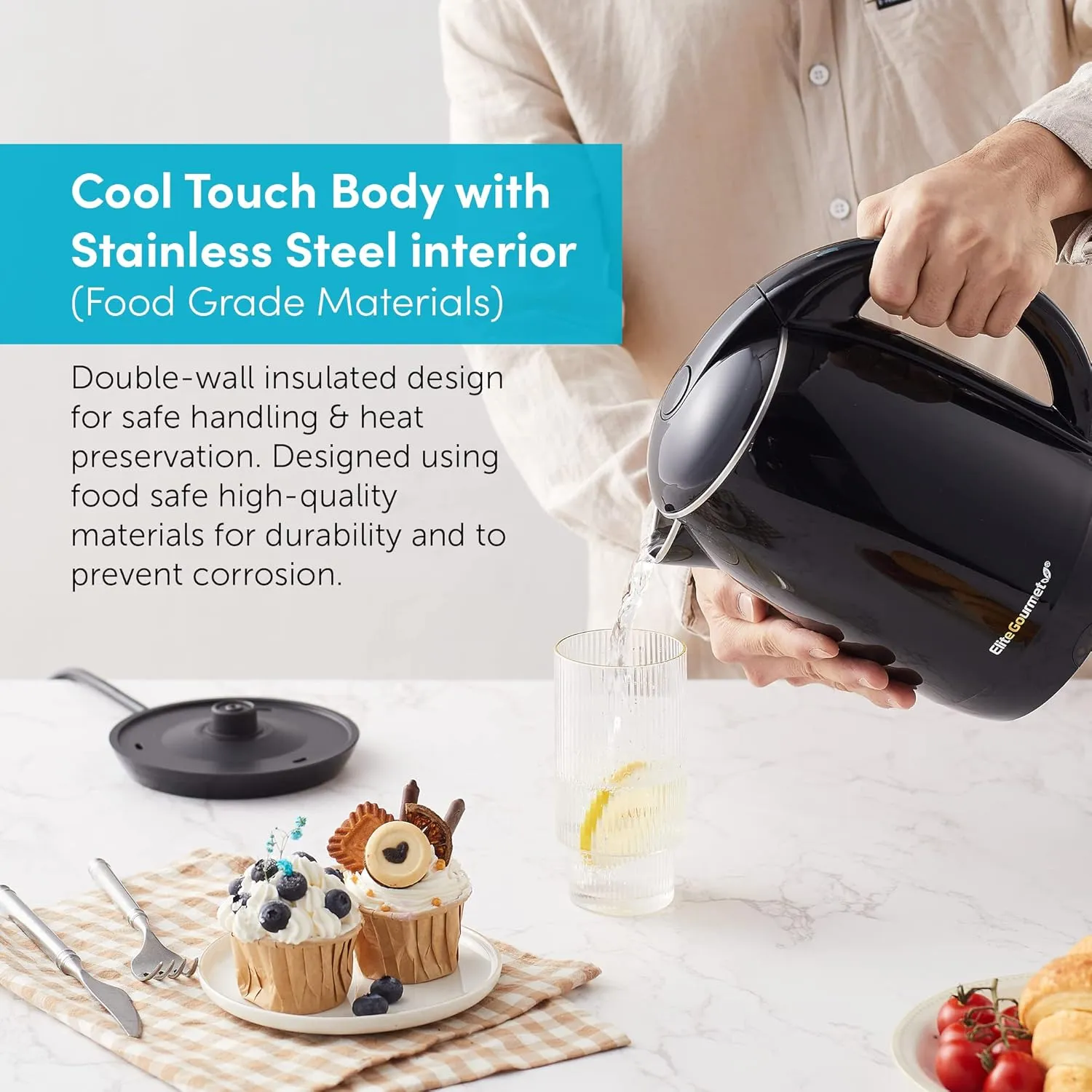 Elite Gourmet EKT1821 1.8L Double Wall Insulated, Cool-Touch 1500W Kettle w/Stainless Steel Interior & Lid, 360° Swivel Base for Cord Free Serving, Power On Lever, Auto Shut-Off, Boil Dry, Black