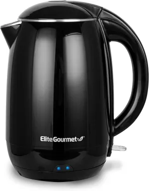 Elite Gourmet EKT1821 1.8L Double Wall Insulated, Cool-Touch 1500W Kettle w/Stainless Steel Interior & Lid, 360° Swivel Base for Cord Free Serving, Power On Lever, Auto Shut-Off, Boil Dry, Black