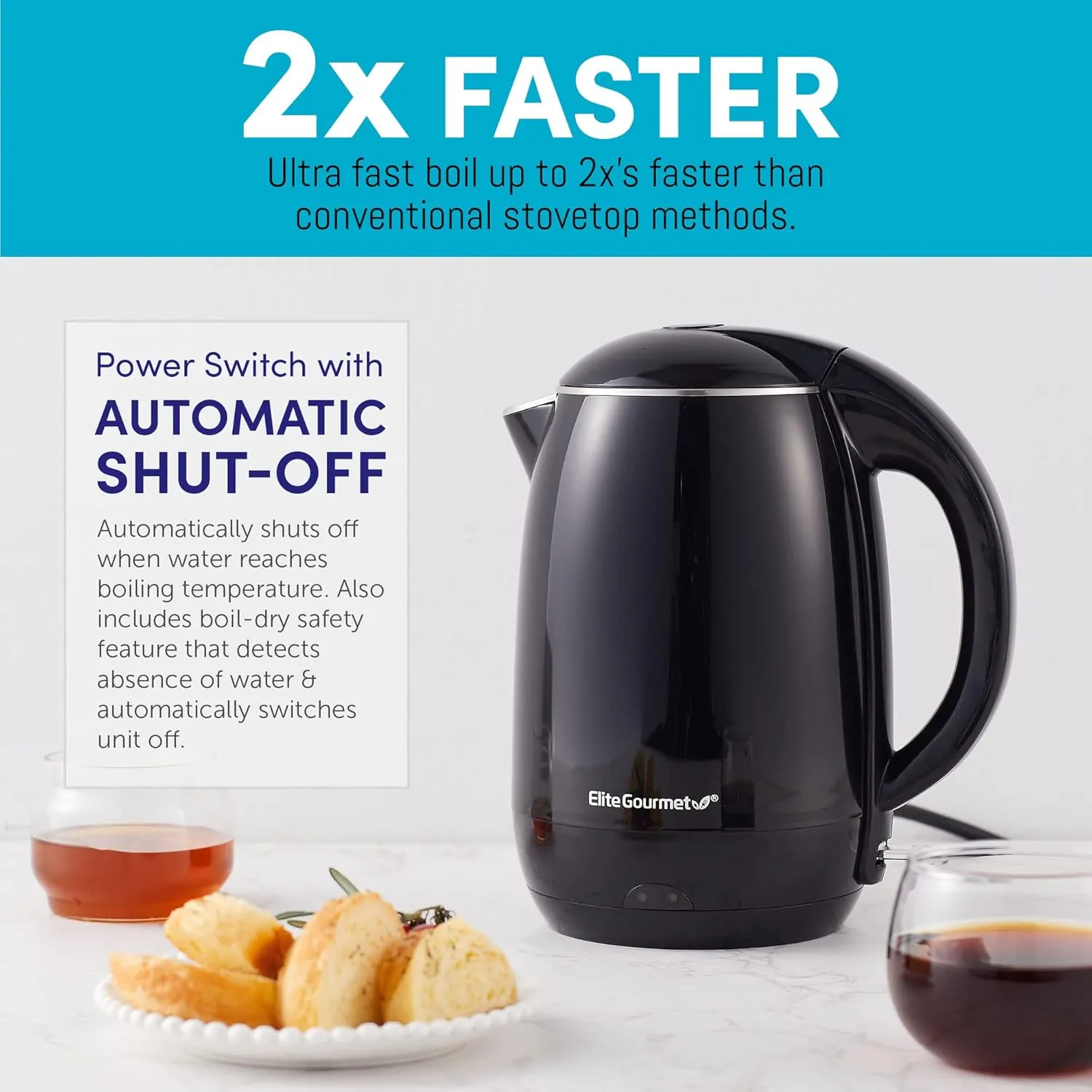 Elite Gourmet EKT1821 1.8L Double Wall Insulated, Cool-Touch 1500W Kettle w/Stainless Steel Interior & Lid, 360° Swivel Base for Cord Free Serving, Power On Lever, Auto Shut-Off, Boil Dry, Black