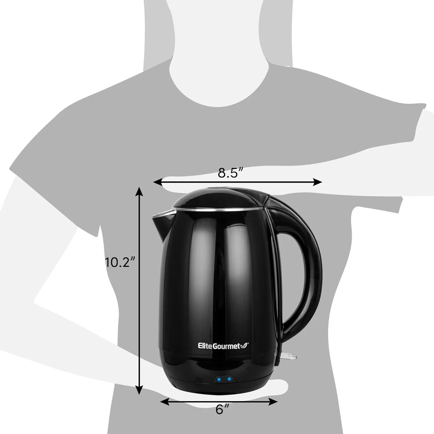 Elite Gourmet EKT1821 1.8L Double Wall Insulated, Cool-Touch 1500W Kettle w/Stainless Steel Interior & Lid, 360° Swivel Base for Cord Free Serving, Power On Lever, Auto Shut-Off, Boil Dry, Black