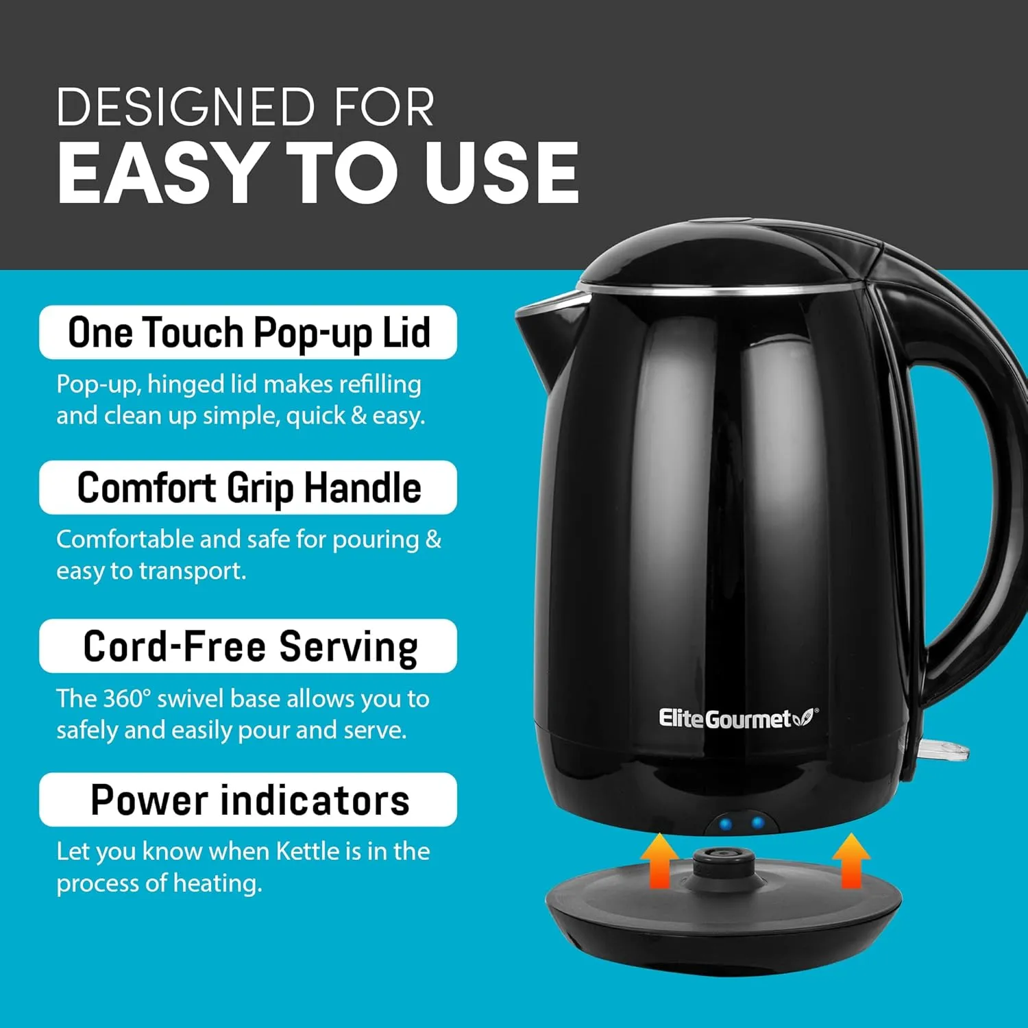 Elite Gourmet EKT1821 1.8L Double Wall Insulated, Cool-Touch 1500W Kettle w/Stainless Steel Interior & Lid, 360° Swivel Base for Cord Free Serving, Power On Lever, Auto Shut-Off, Boil Dry, Black