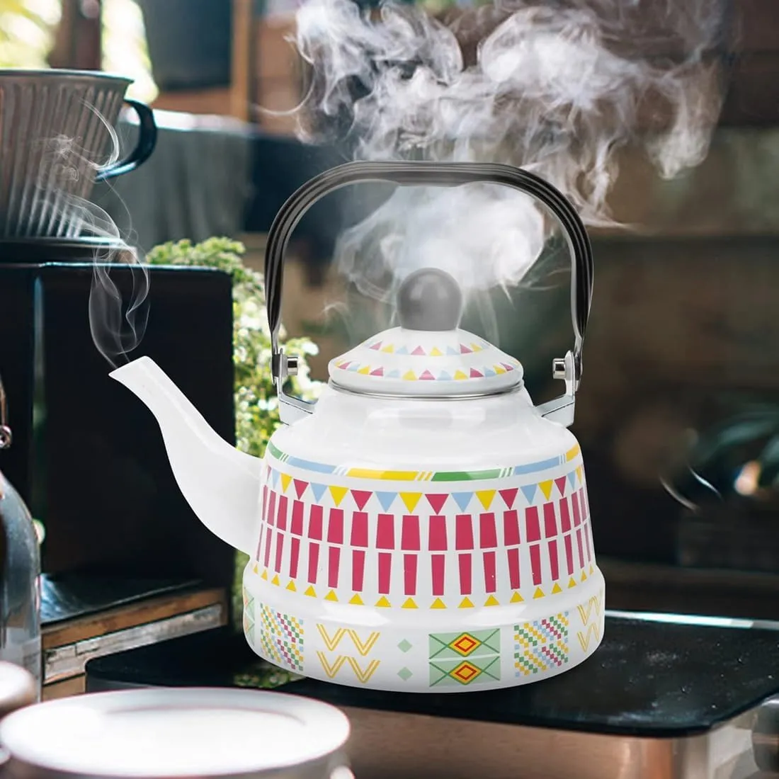 Enamel Camping Coffee Pot, Portable Outdoor Kettle with Detachable Handle & Quick Boil(2.5L)