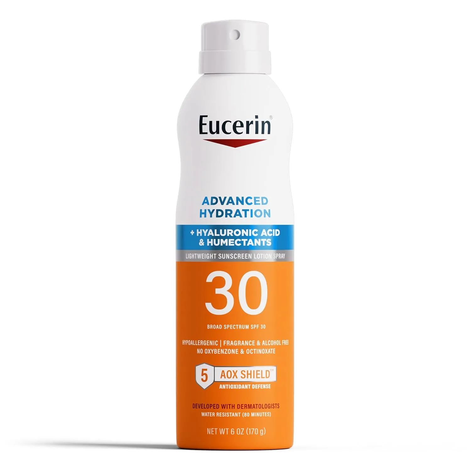 Eucerin Advanced Hydration SPF 30 Sunscreen Spray, Lightweight Spray Sunscreen with Hyaluronic Acid and Humectants, Hypoallergenic, Fragrance and Alcohol Free, 6 Oz Bottle