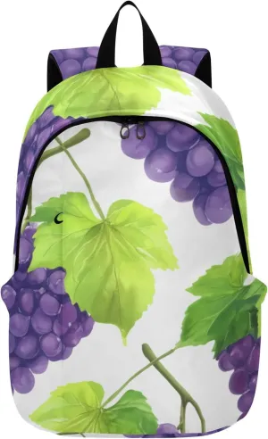 Everyday Cute Woman Casual Daypack Backpacks Purple Grape Green Vine White College Bookbag for Teen