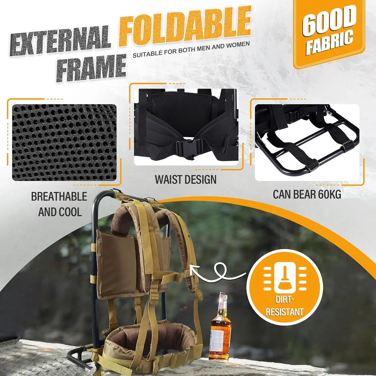 External Frame Hiking Backpack - Foldable Aluminum Hunting Pack Frame │ 60kg Load Capacity │ Adjustable Top Frame & Breathable Mesh For Camping, Hiking, Travel (Khaki)