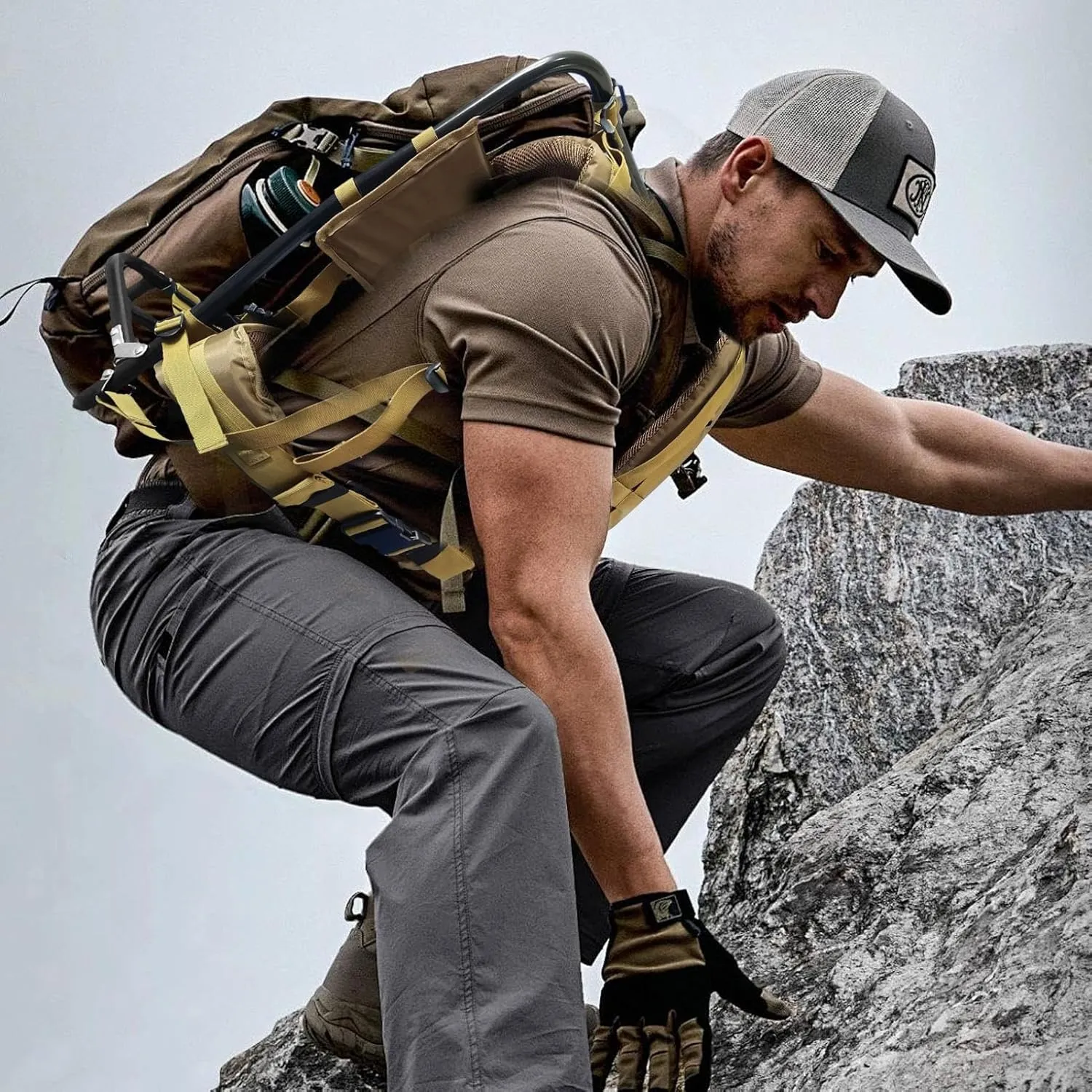 External Frame Hiking Backpack - Foldable Aluminum Hunting Pack Frame │ 60kg Load Capacity │ Adjustable Top Frame & Breathable Mesh For Camping, Hiking, Travel (Khaki)