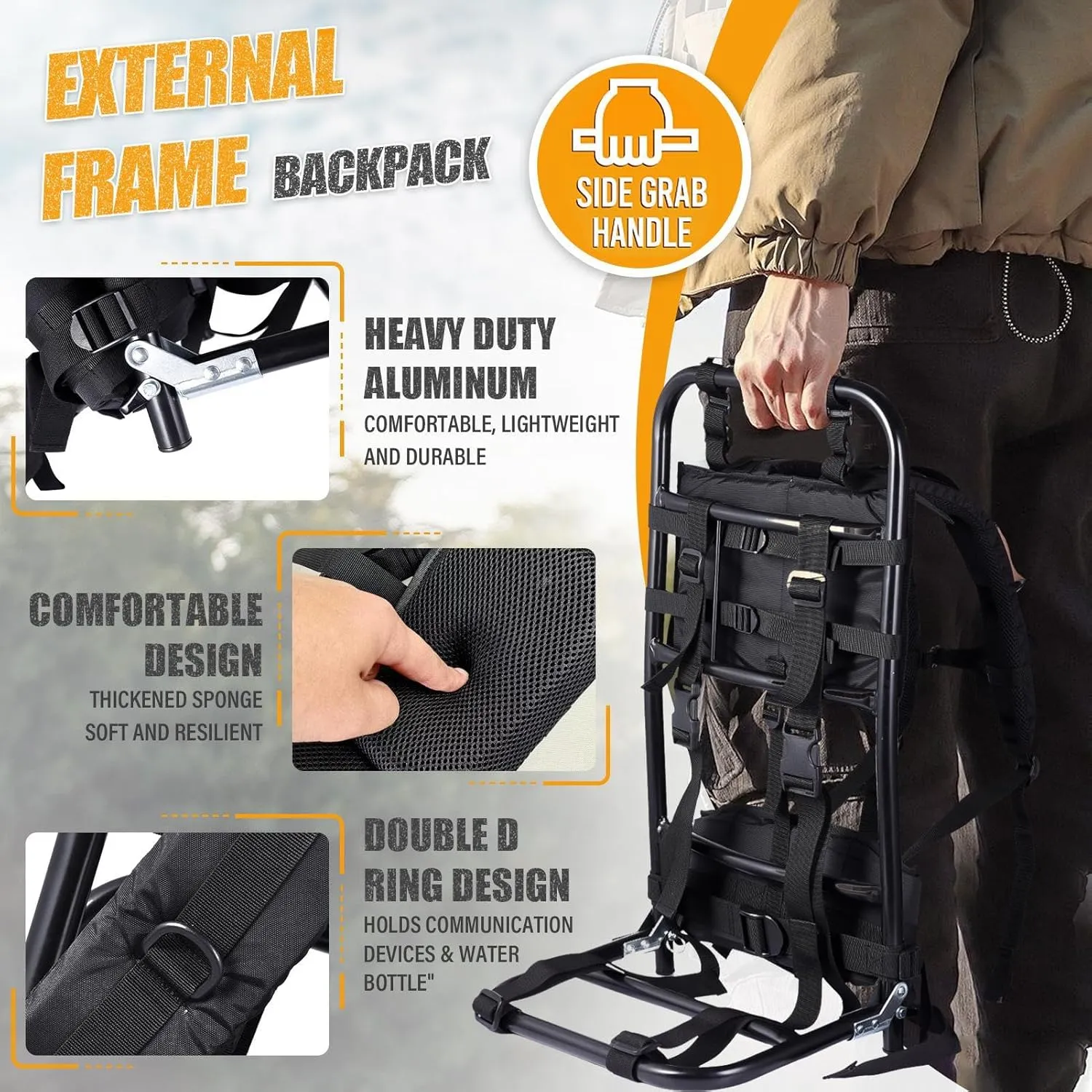External Frame Hiking Backpacks,Hunting Backpack with Frame,Adjustable Aluminum External Frame Backpack,Frame Backpack Can Load 132Lbs for Outdoor Activity,Camping,Mountaineering,Travel,Black